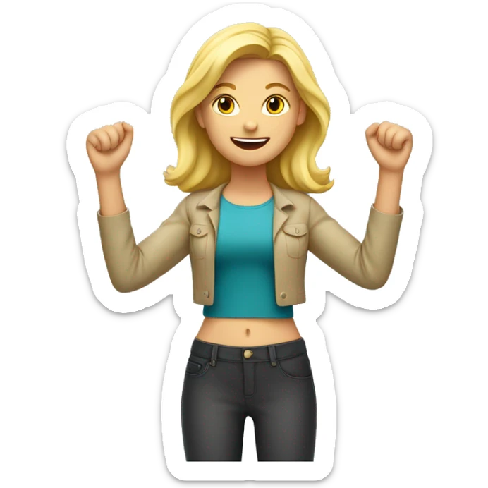 Blonde Girl with both hands open in the air. Happy, frontal view above waist only. Enjoying sticker