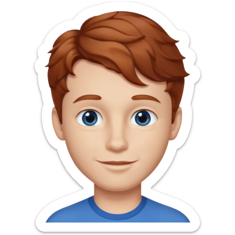 Please generate a portrait of a boy. He has light brown to reddish-brown wavy hair, a right side parting, longer sideburns, blue eyes, a snub nose, and a somewhat pronounced, strawberry-red pout. He is smiling. sticker