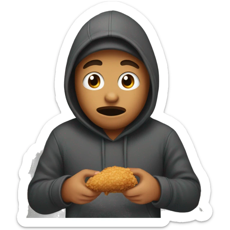 Person with  dark grey hoodie covering his body other then his mouth eating fried chicken  sticker