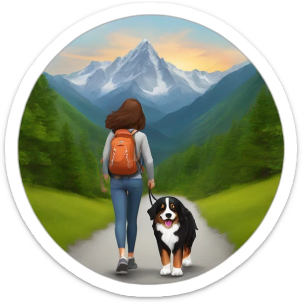 bernese mountain dog hiking with a woman with brown hairr a mountain sticker