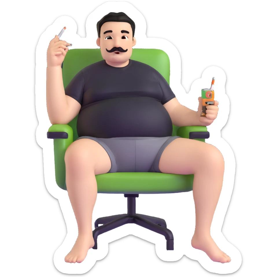 Big man relaxing in chair, legs spread wide, holding cigarette, round face, short black hair (not bald), short beard and mustache, black t-shirt with light stripes at top, exposed belly, black shorts, arms covered in black graphic tattoos with patterns visible on forearms and shoulders sticker