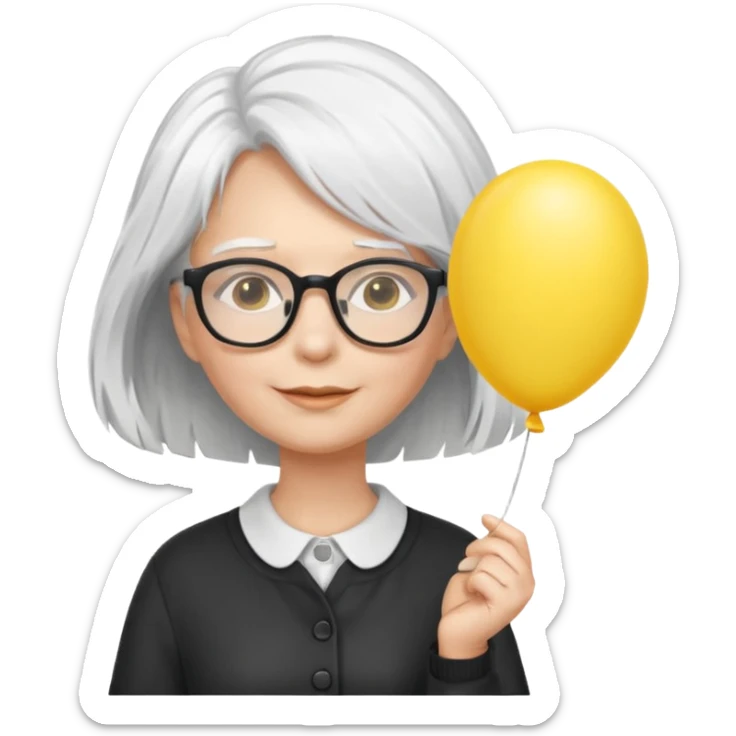 woman with wind white hair and wearing glasses, holding yellow balloon sticker