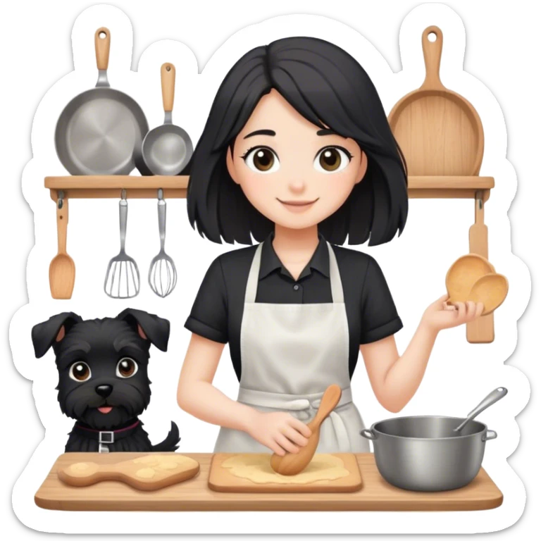 pale smiling girl baking with long back hair wearing black long shirt wearing apron holding black  schnauzer sticker