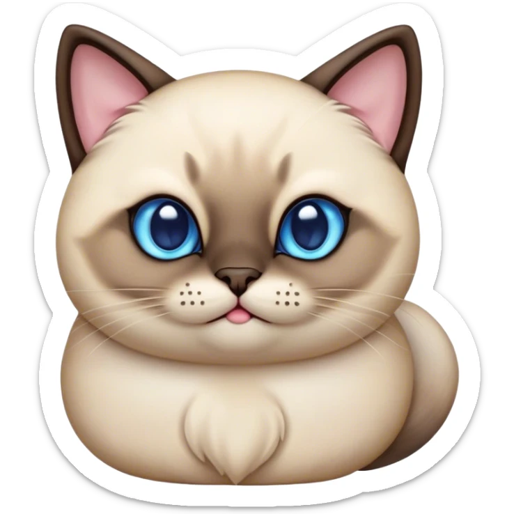 Cinematic Cute Chubby Siamese Cat Portrait Emoji, Round and plump body, soft cream-colored fur with rich dark points on the ears, face, paws, and tail, big, sparkling sapphire-blue eyes, Simplified yet irresistibly adorable features, highly detailed, glowing with a warm, cozy glow, high shine, curious yet calm, stylized with a touch of whimsy, bright and endearing, soft glowing outline, capturing the essence of a mischievous yet lazy and loveable kitty, so cuddly it feels like it could waddle right out of the screen for a snuggle! sticker