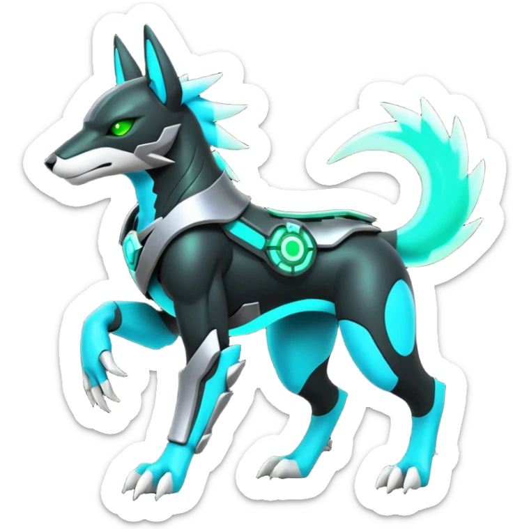 Black and green cyberpunk intricate neon glowing grey white futuristic cyborg-Houndoom-Lucario-Zeraora-Zoroark-Luxray-fusion (full body) sticker
