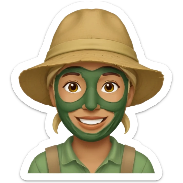 messy green full face clay mask and tourist hat  sticker