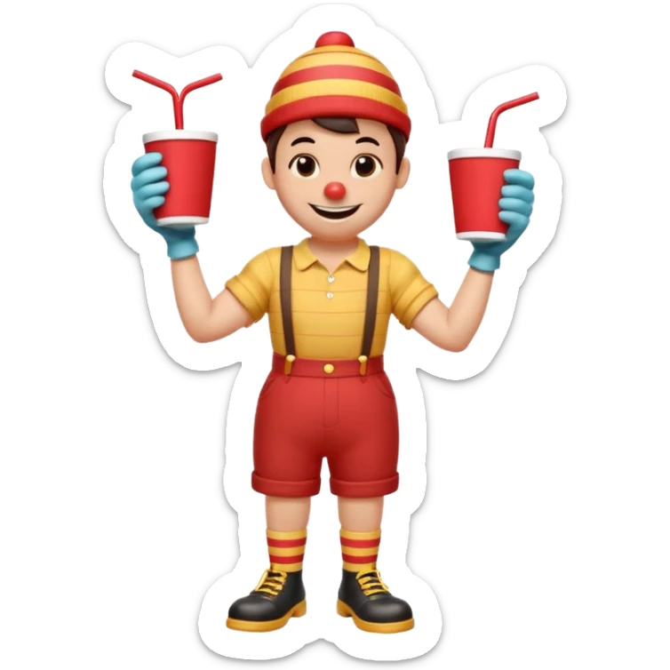 1930s rubber hose cartoon-style cup character with a big smile, black eyes, red nose, and striped straw on head. Wearing red shorts, yellow gloves, brown shoes, black shirt. Arms on hips, cheerful pose. Vintage Disney/Fleischer style, clean lines, limited colors, slight paper texture. 
 sticker