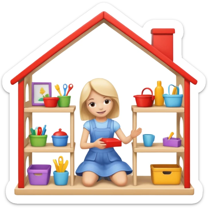 smiling girl arranging furniture in doll house sticker
