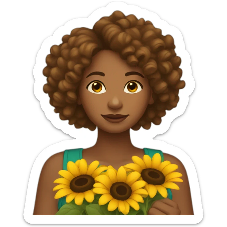 brown-girl-with-curly-hair-holding-sunflowers-in-hand sticker
