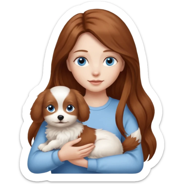 long hair chestnut color blue eyes woman holding small white dog sticker