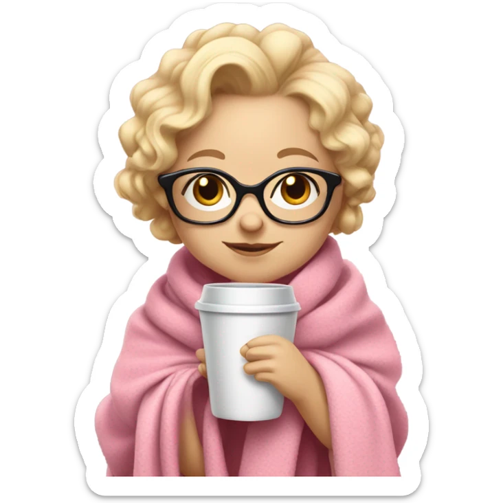Cute blonde baby with glasses cup of tea pink blanket hair up sticker