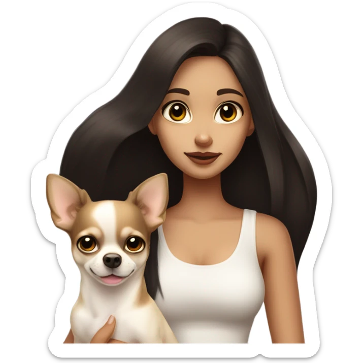 A girl with long very dark brown hair, big brown eyes, very big lips wearing a white singlet top, she is holding a small very light yellow chihuahua  sticker