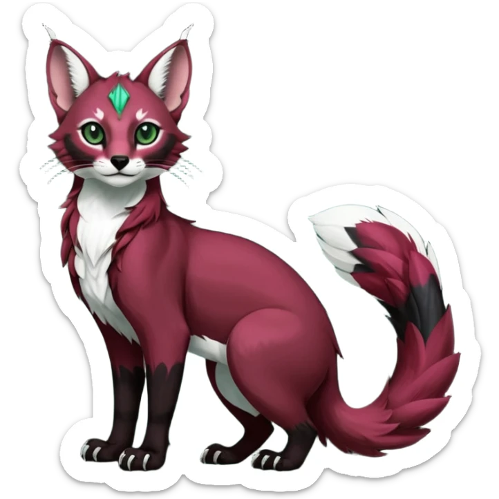 Colorful dark tropical tribal-marked dark burgundy wine-red obsidian-black jade-green white glorious iridescent divine exotic cute cool beautiful beautiful fantasy-caracal-civet-genet-sergal-vernid-Gryphon-Cacomistle-Trico-oncilla-animal-Fakémon-hybrid-fursona (full body) sticker