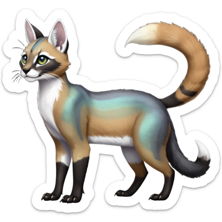 Colorful dark black gloomy spooky pointy foggy smoky points-marked white glorious iridescent divine exotic cute cool beautiful beautiful fantasy-caracal-civet-genet-sergal-vernid-Cacomistle-Trico-oncilla-animal-Fakémon-hybrid-fursona (full body) sticker