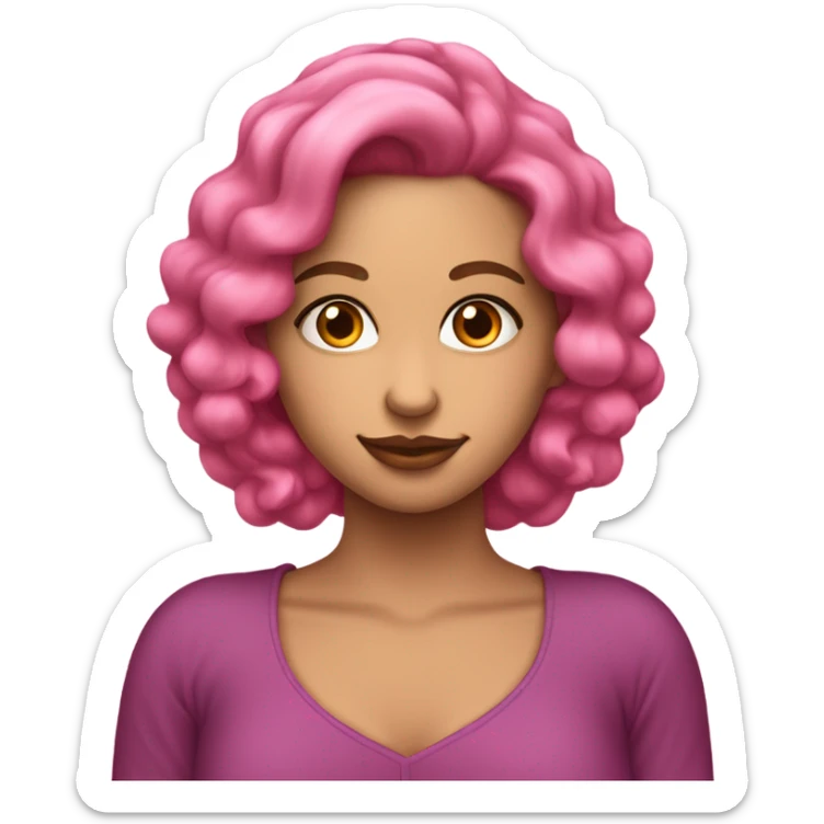 Una chica morenita, con ojos rosados, y pelo rizado largo rosado, ropa blanca sticker