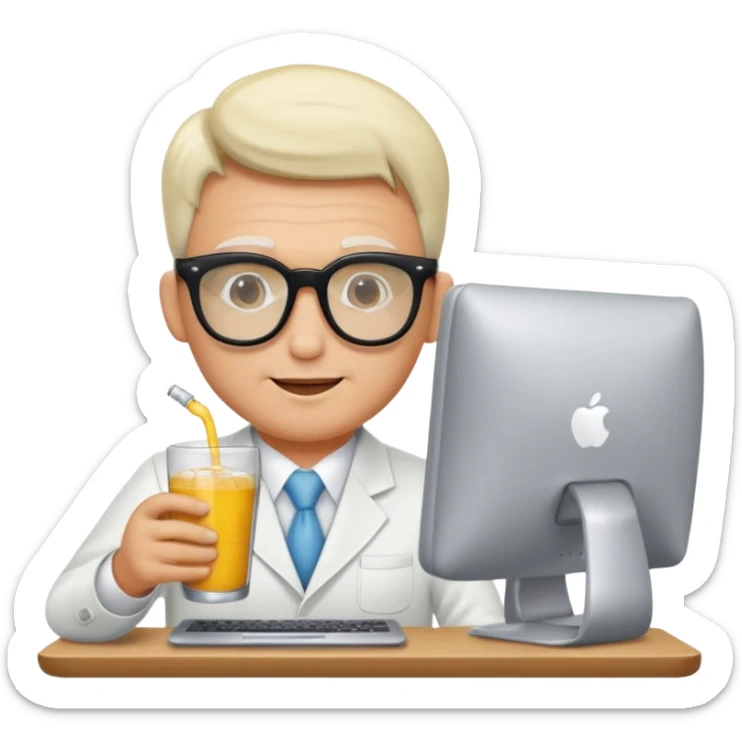 Hombre blanco con gafas tomando un refresco frente a un ordenador sticker