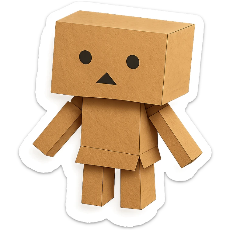 Danbo, the cardboard robot, in a softly lit room with wooden floor, cartoonish style, clean lines, pastel palette, cozy and nostalgic mood sticker