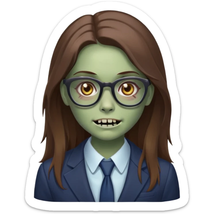 zombie girl with glasses, long brown hair, wearing a suit, slightly smiling sticker