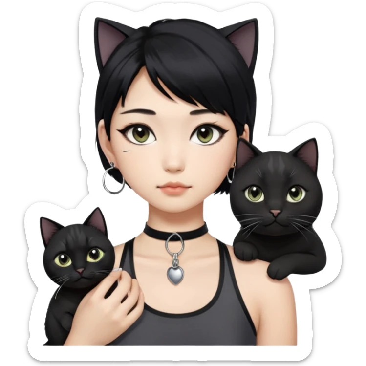 Asian girl, black hair with grey highlights , slightly longer than shoulder.  Holding two BLACK cats. one cat has a round fat face, the other one has a slightly slimmer face. Both pure black.  The girl also wearing a black singlet, a black chocker, silver round hook earring, and wearing eyeliner.  sticker