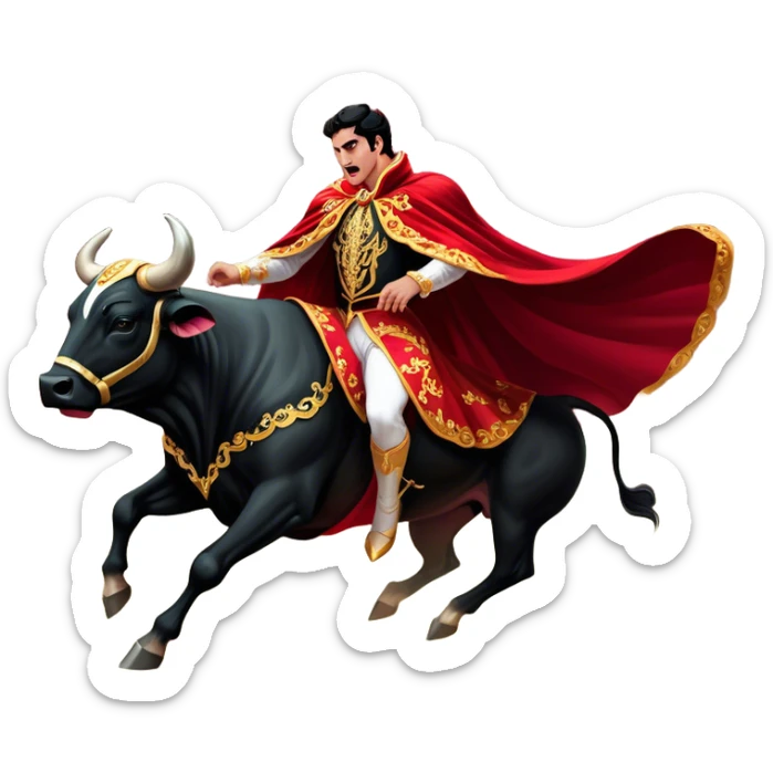 ​Cinematic Realistic Spanish Matador in Action, depicted in an ornate traje de luces with a flowing red cape, captured in the dramatic moment of confronting a charging bull in a traditional bullring, rendered with dynamic motion and dramatic lighting that encapsulates the intensity and artistry of the spectacle, sticker