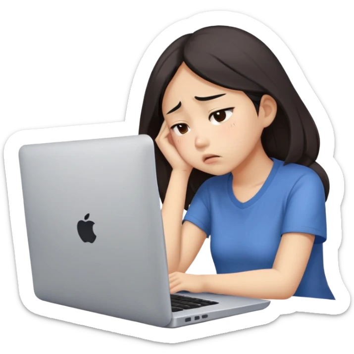 Create an emoji of a tired girl of Asian descent, sitting at a laptop, looking exhausted and frustrated. They have slouched posture, representing overwork and burnout. sticker
