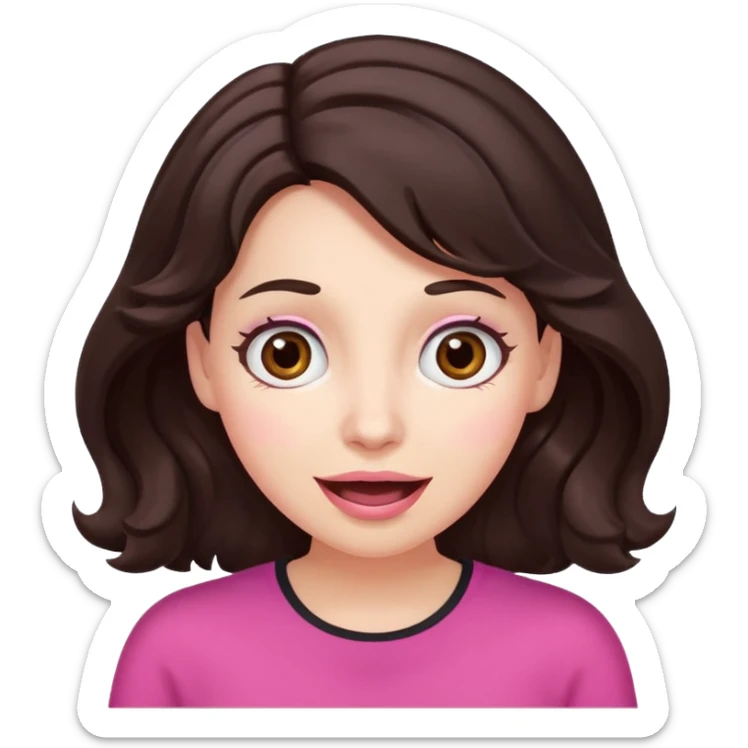 Barbie like emoji of a woman with white skin wavy dark brown hair, brown eyes wearing pink and with a surprised look sticker