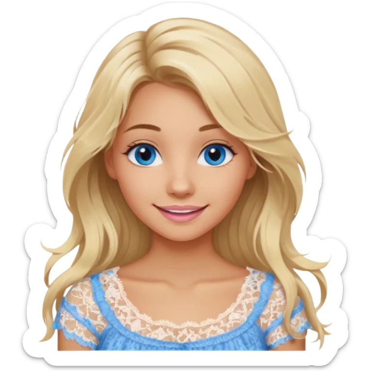 create an emoji of a young woman, tanned face, smile. she has an innocent natural look, very messy extremely long blonde hair, blueeyes, natural soft pink lips. she wears a very loose very very white lacy top sticker