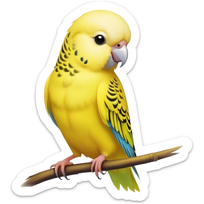 Cinematic Noble Yellow Budgie Portrait Emoji, Poised and regal, with a petite, delicate build and a smooth, well-groomed fur of brilliant yellow feathers, deep-set soulful dark eyes, Simplified yet sharp and sophisticated features, highly detailed, glowing with a soft, dignified glow, high shine, intelligent and charming, stylized with an air of elegance, focused and attentive, soft glowing outline, capturing the essence of a watchful and confident avian companion, so majestic it feels as though it could flutter out of the screen with effortless authority! sticker