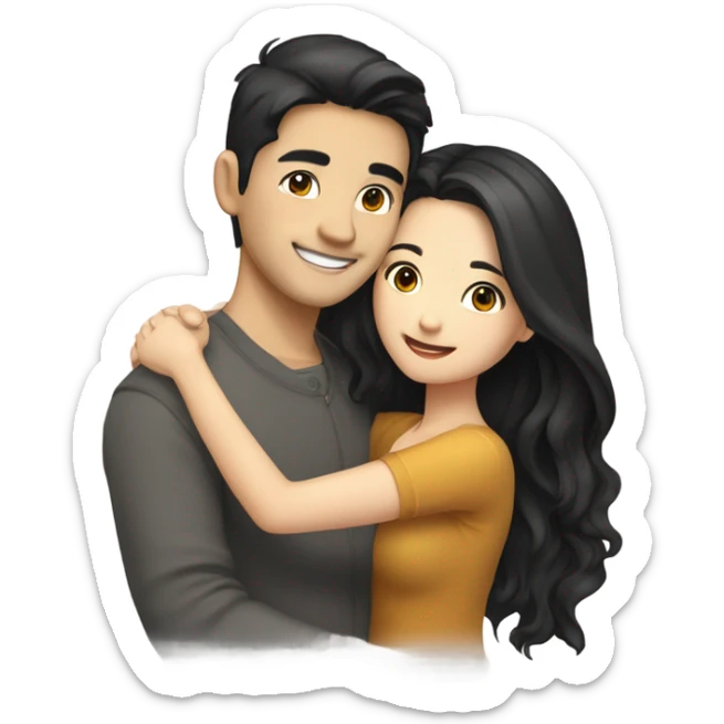 A cute and very happy Asian couple hugging each other very tight. The girl has long dark wavy hair and pale skin and dark hazel eyes, the Man has short dark straight hair and bright amber eyes and is pale sticker
