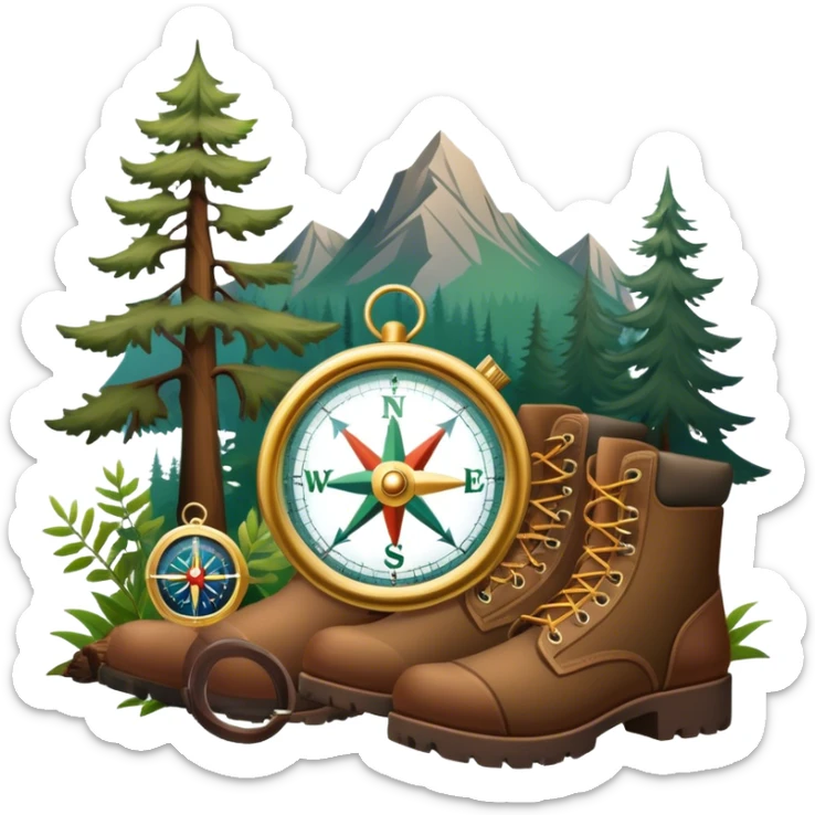 emoji for Hunting Tourism: a rifle, hunting boots, and a compass on a forest background, with a silhouette of wildlife in the distance. The icon should capture the adventure and connection with nature in hunting tourism. Transparent background. sticker
