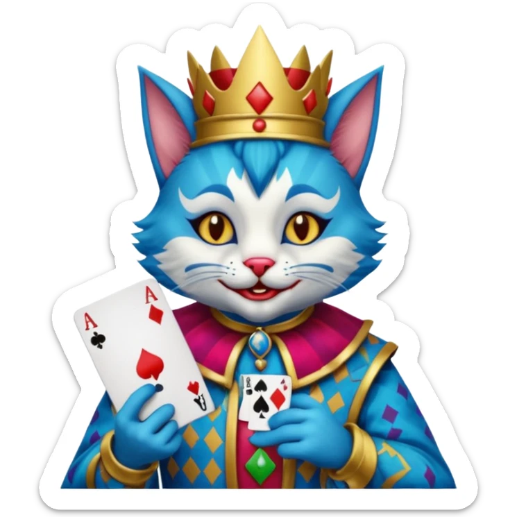 crazy colorful cute little cat jolly joker from poker, medieval, vintage, court jester, mac os icon, blue color, holds a single poker card sticker