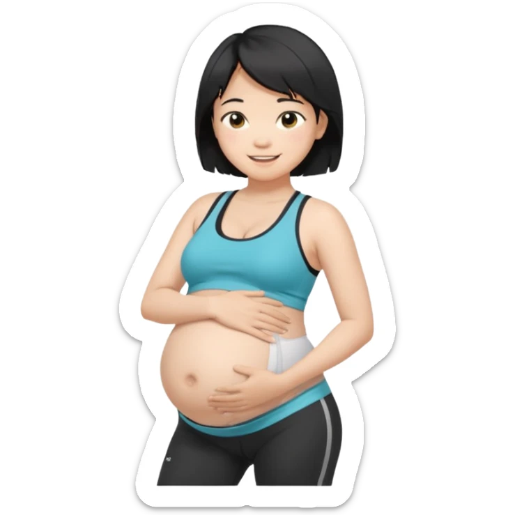pregnant asian boy with short messy black hair wearing a sports bra with leggings holding his belly sticker