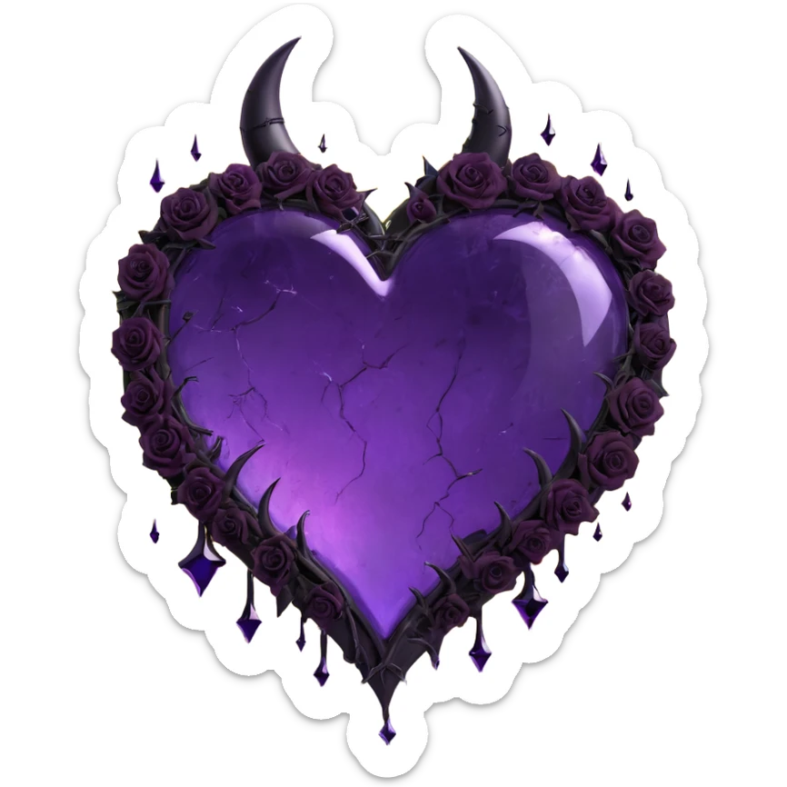 gothic heart made of purple glass with waning crescent moon at the top, scattered black rose petals, multiple lightning bolts, droplets only, deep fissures cracked glass texture sticker