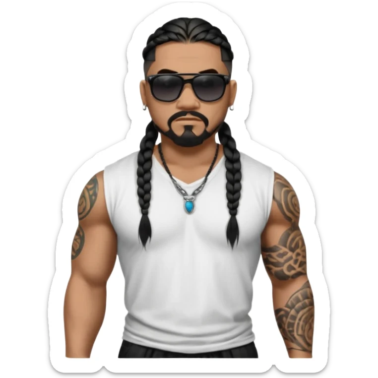Samoan male. Chin goatee.
Unticked loose fitting white t-shirt. 
long black braided hair.
very muscular.
More tattoos. 
Tough and menacing.
All black sunglasses. sticker