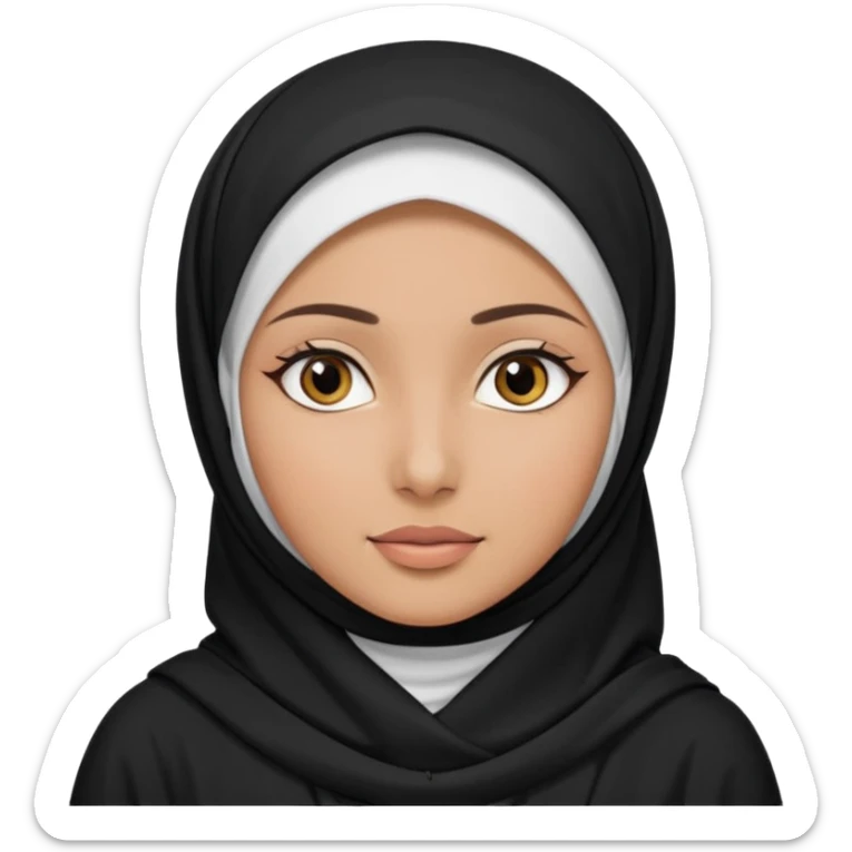 Make a emoji of a Muslim girl wearing a white hijab and makeup on her face, with only her eyes visible and her full body covered in an abaya or burqa. sticker