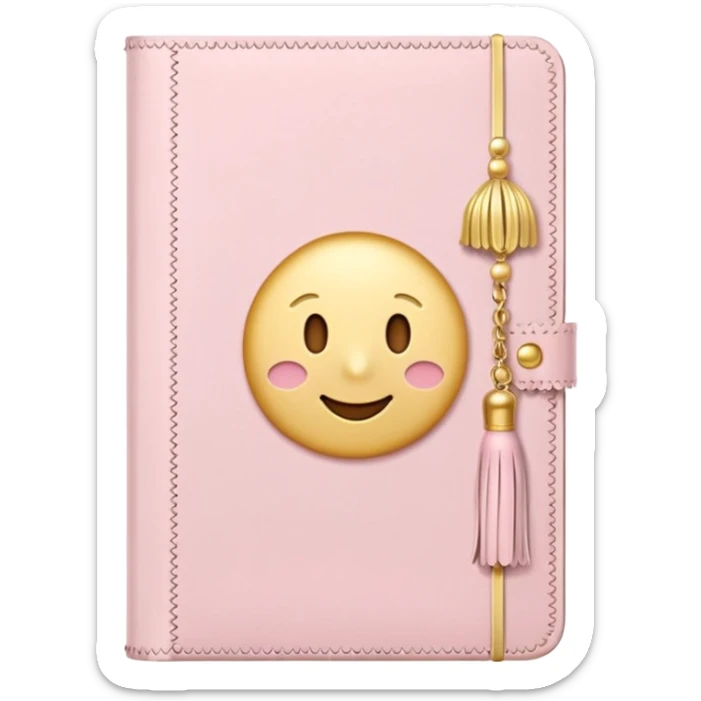 Cute pastel emoji illustration of a soft pink journal with scalloped edges, tiny gold dot details, and a small tassel charm, cozy and elegant stationery vibe sticker