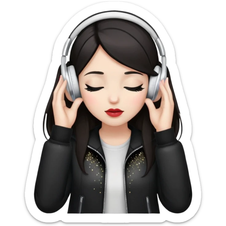 Girl with dark hair, fair skin tone, wearing a black jacket, has glitter on her eyelids, and wearing lipstick, wearing white headphones, her hands are on her ears, and her eyes are close sticker