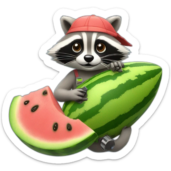 A raccoon with a watermelon behind the wheel of a car and a spanner sticker