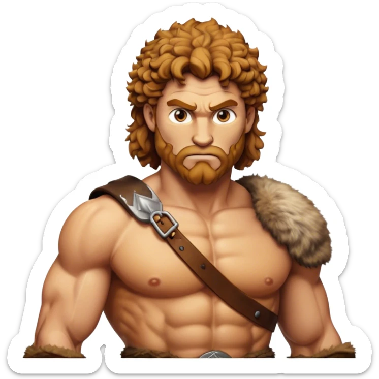 Cinematic Realistic Barbarian Hercules Portrait, depicted as a fierce Greek hero with the chiseled features of Michelangelo's David. His light tan, sculpted skin glows with timeless strength, and his thick, curly, golden brown hair cascades in wild, untamed curls reminiscent of a warrior’s mane. Instead of a flowing white robe with golden accents and a laurel wreath, he wears rugged, weathered leather and fur garments—a tattered, fur-trimmed cloak draped over broad shoulders and a simple circlet forged from iron and bone. His intense, determined eyes exude savage nobility, all rendered under dynamic natural lighting with a mythic, raw, radiant glow. sticker