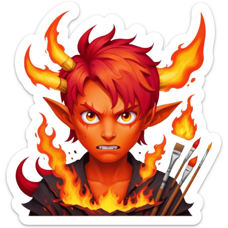 demon artist with wild fiery hair painting chaotic art in hellscape sticker
