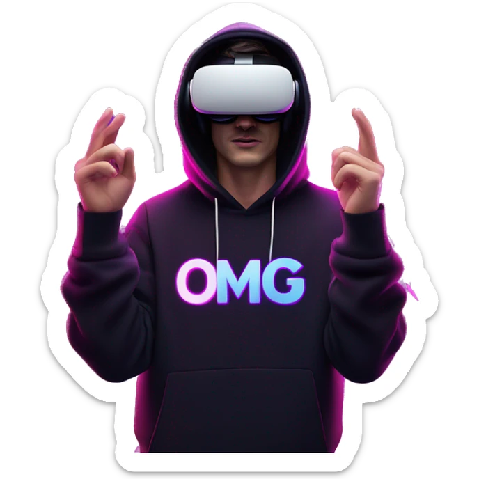 Russian man wearing a black hoodie with "OMG" letters on it and VR headset oculus quest 2 in a cyberpunk VR environment with violet neon lighting. Showing direction with hand sticker