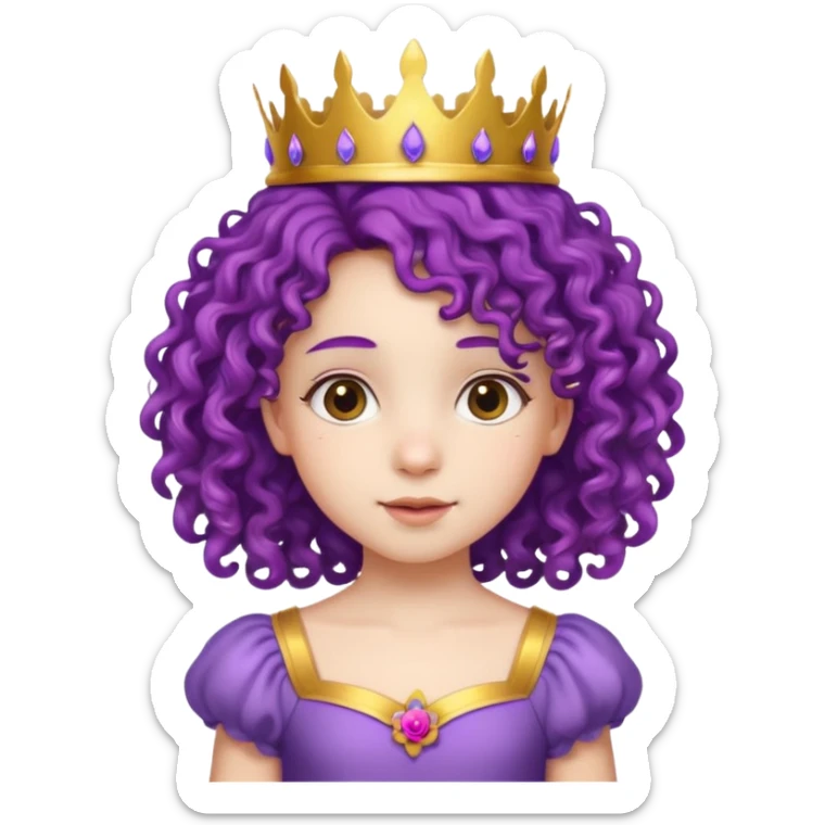 Princesses kid girl, with Gold Crown and flower on purple curly hair, with white dress sticker