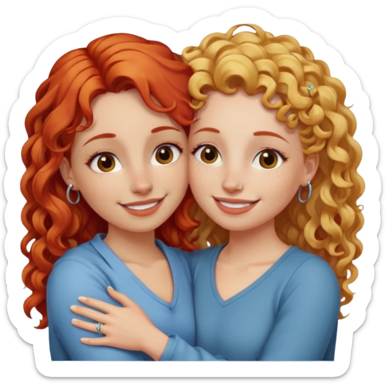 A woman with straight blonde hair and a nose piercing and a woman with curly red hair and a nose piercing are hugging and smiling together. sticker