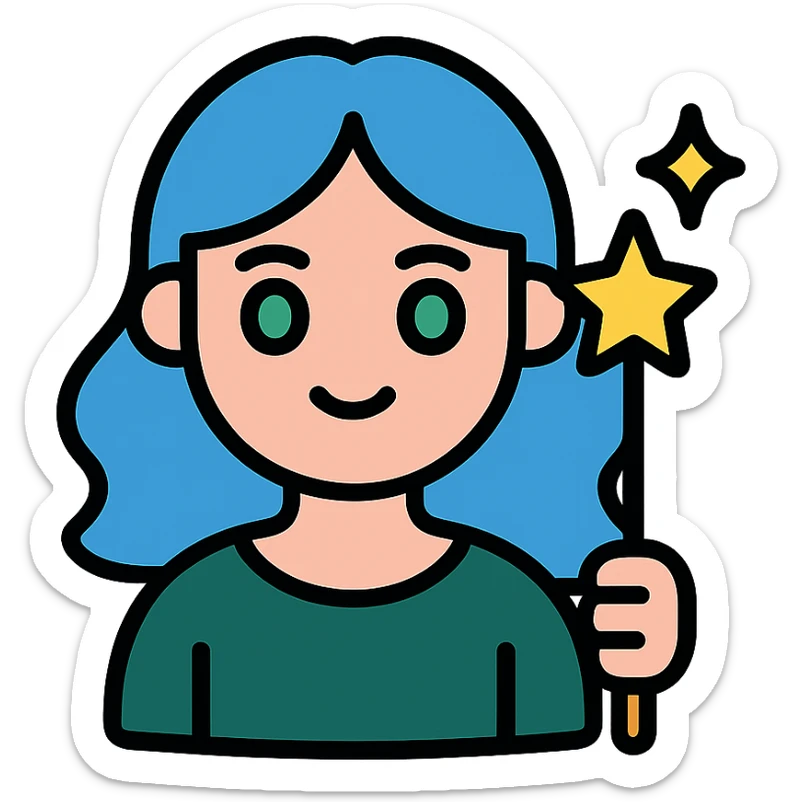 beautiful girl with blue hair and green eyes, holding a magic wand, wearing dark green dress, icon style sticker