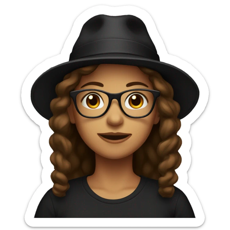 woman with long brown chin, a hat, glasses, black t-shirt sticker