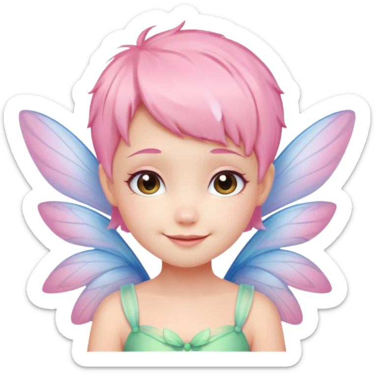 A tiny pastel fairy with pink short hair with glowing wings and a sweet smile  sticker