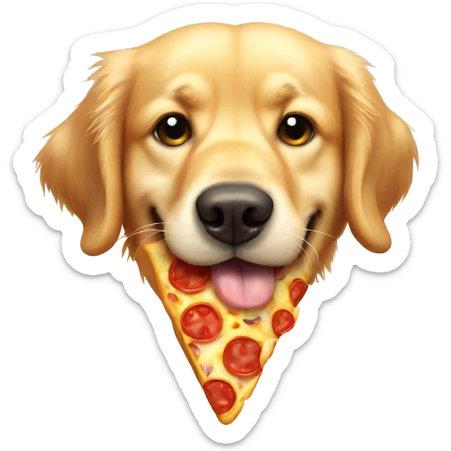 Golden retriever with pizza slice hanging from his mouth. Have the golden biting down on the pizza  sticker
