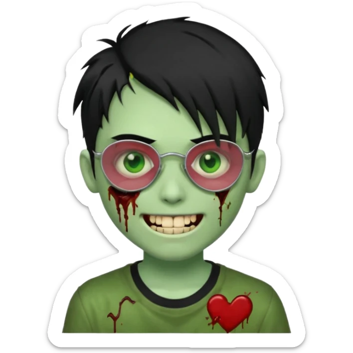 Zombie emo boy, green skin and black hair, chrome heart glasses and a scary cut open smile, scars and blood under eyes sticker