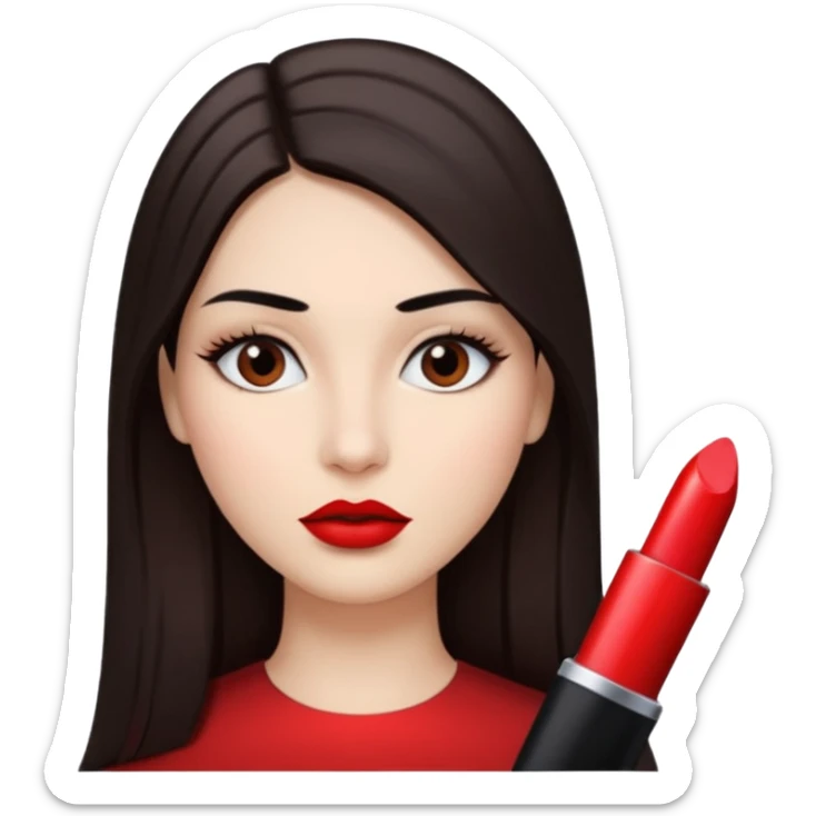 A woman emoji with fair skin, long straight dark brown hair parted in the middle, dark eyebrows, and red lipstick. sticker