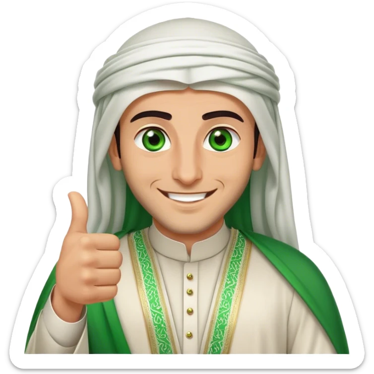 Arab Saudi man with green eyes, wearing an agal and traditional attire, smiling happily and giving a big thumbs-up sticker